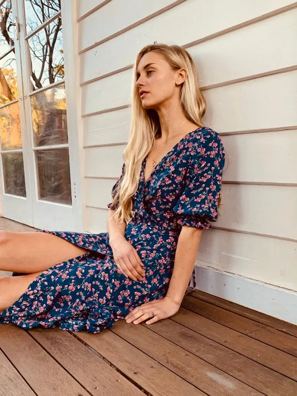 Lia Navy Blue Floral Midi Wrap Dress