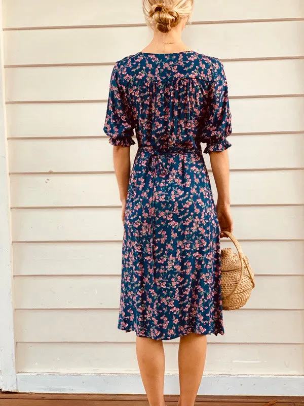 Lia Navy Blue Floral Midi Wrap Dress