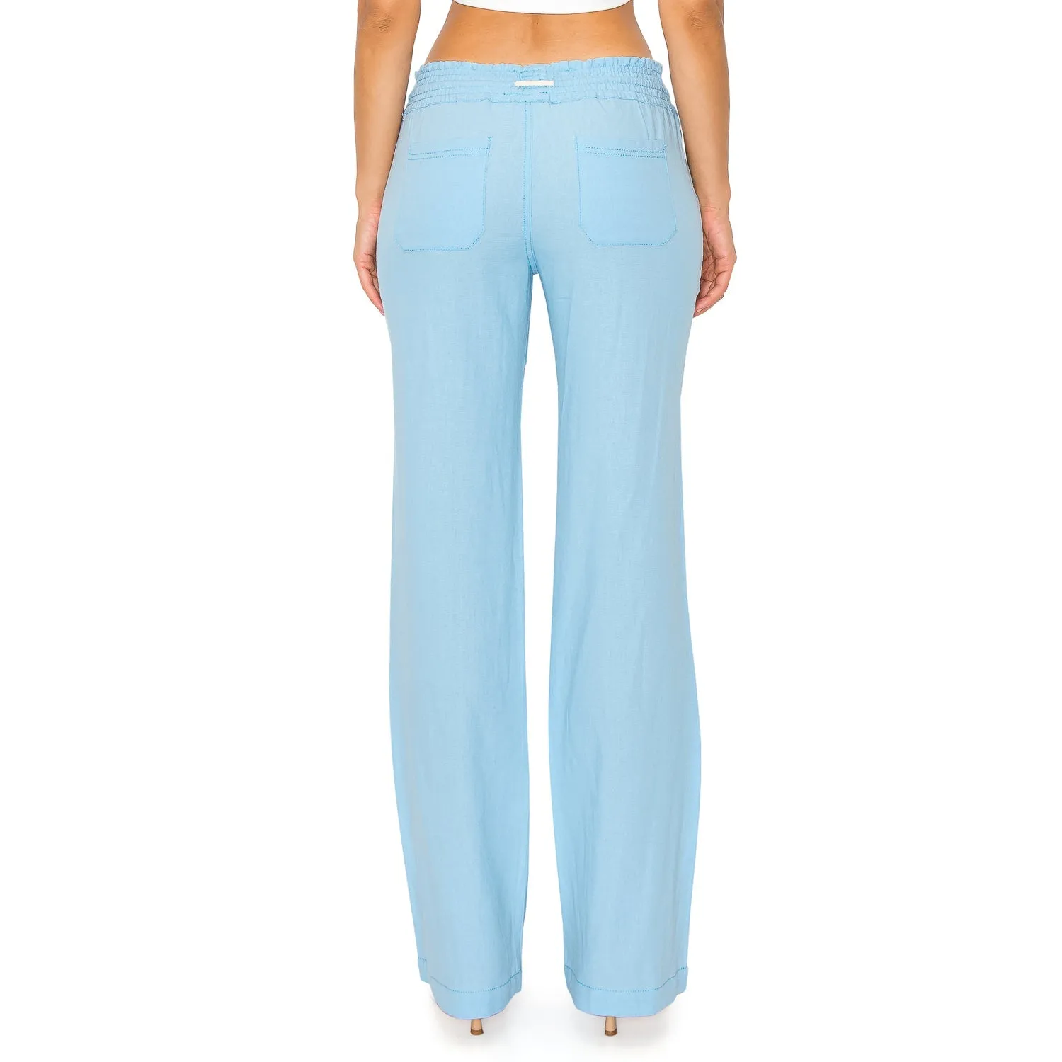 Linen Pants 32" Inseam Drawstring Smocked Waist Beach Pants - Powder Blue