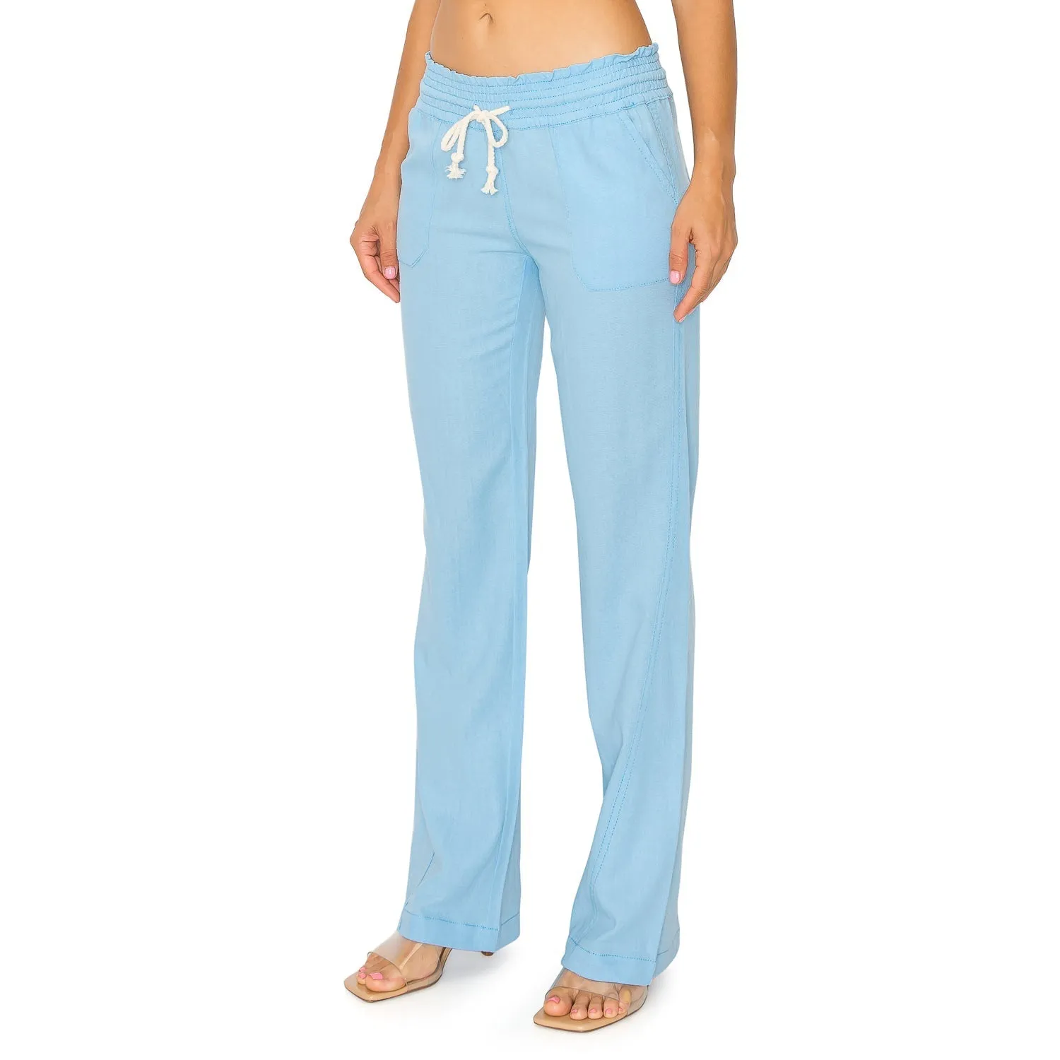 Linen Pants 32" Inseam Drawstring Smocked Waist Beach Pants - Powder Blue