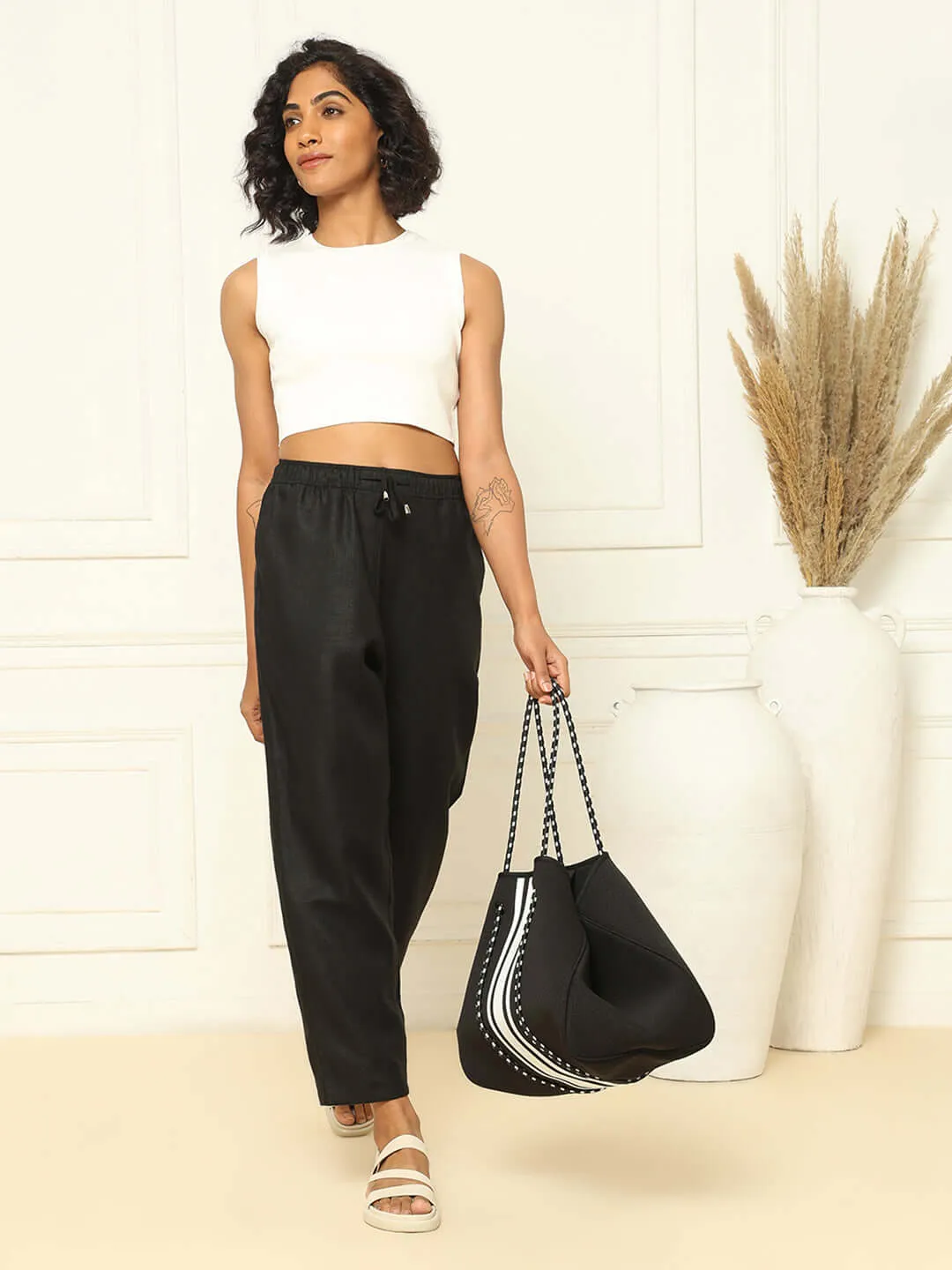 Linen Tapered Pants Black