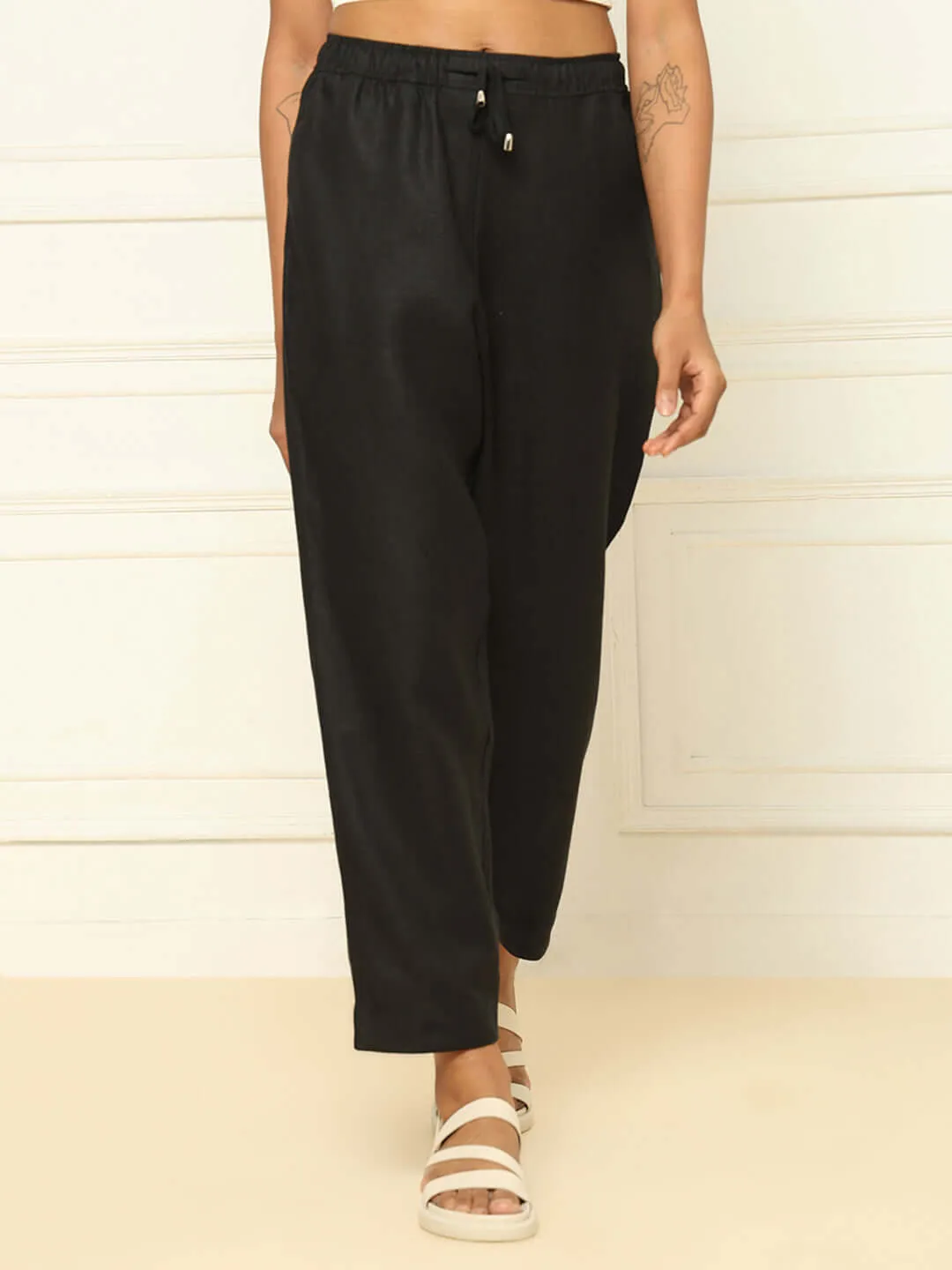 Linen Tapered Pants Black