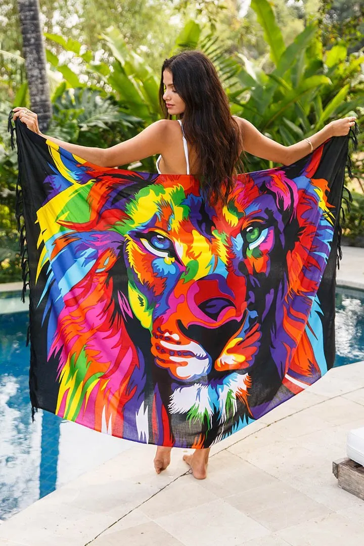 Lion Print Sarong Wrap - Beach Cover-Up by SHU-SHI
