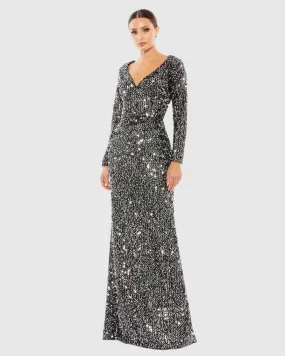 Long Sleeve Sequin Gown - Black