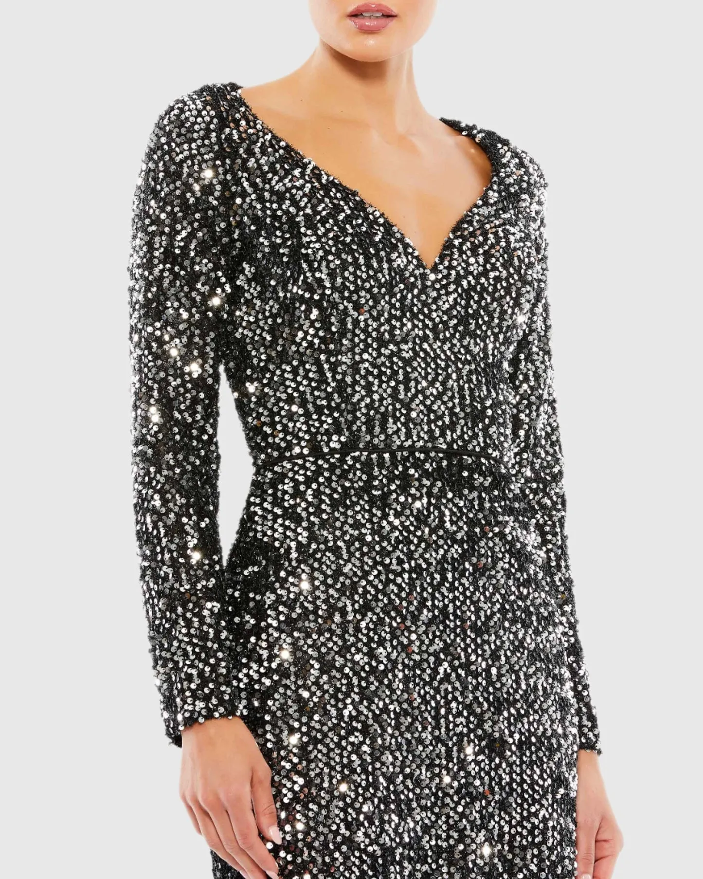 Long Sleeve Sequin Gown - Black