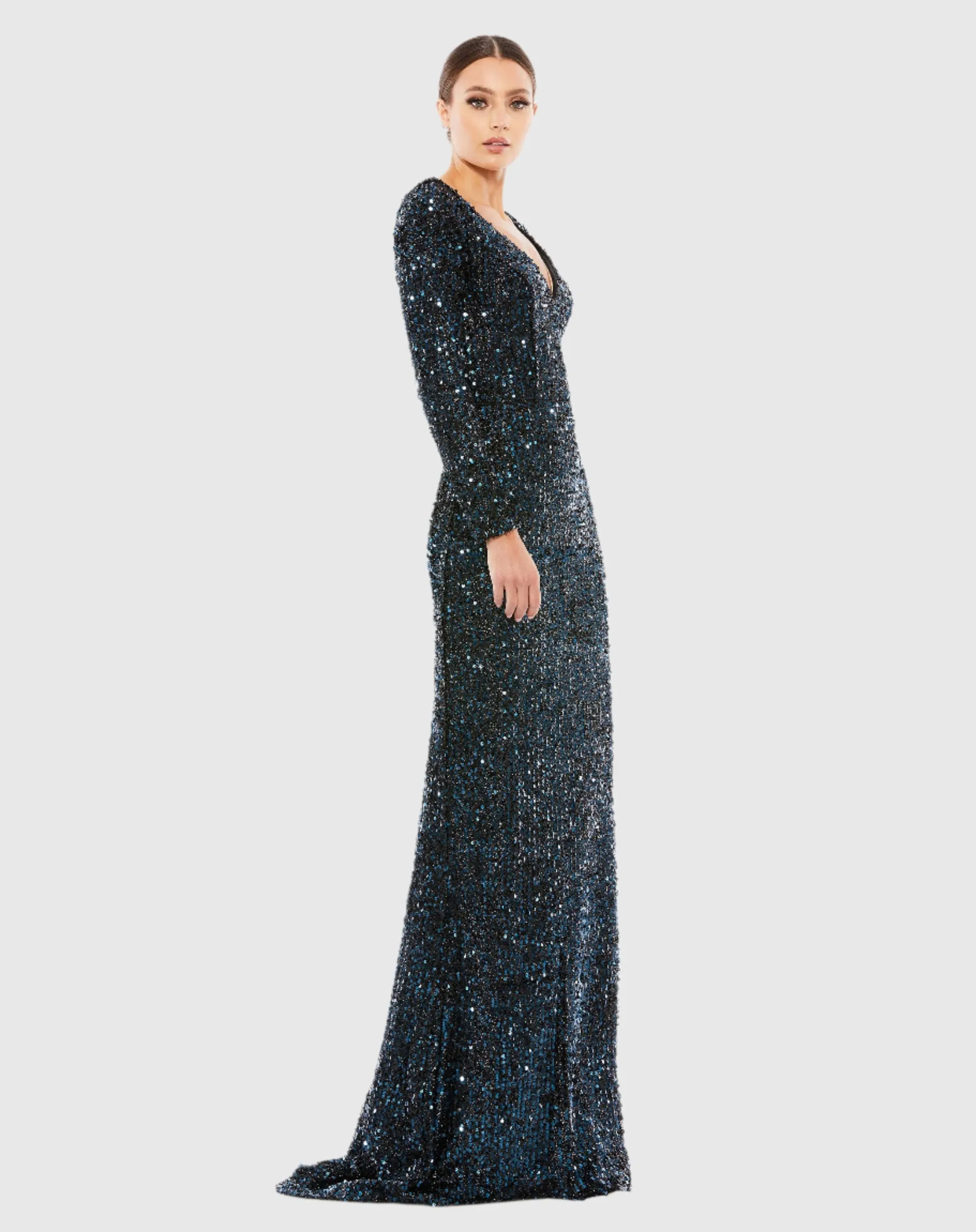 Long Sleeve Sequin Gown - Black