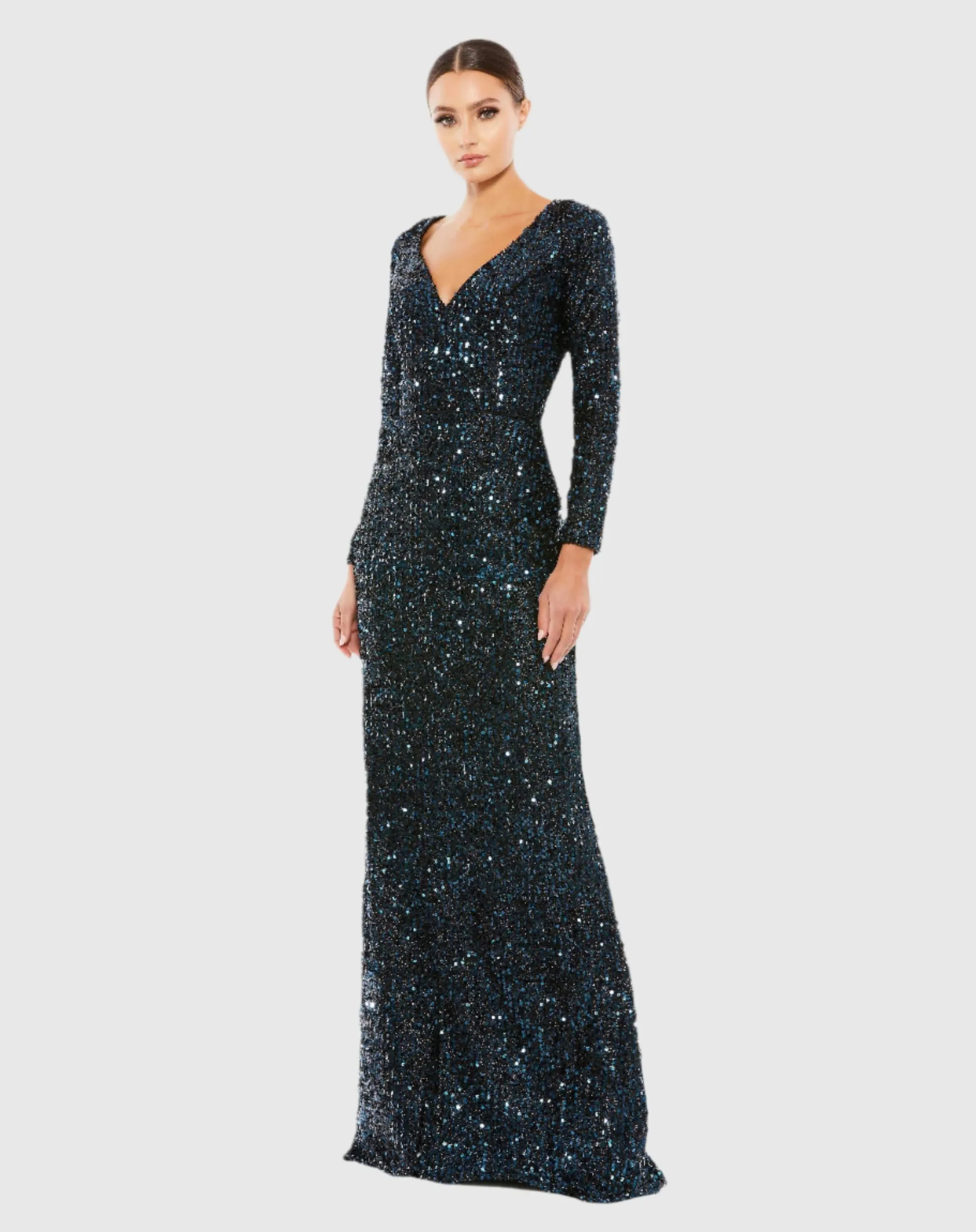 Long Sleeve Sequin Gown - Black