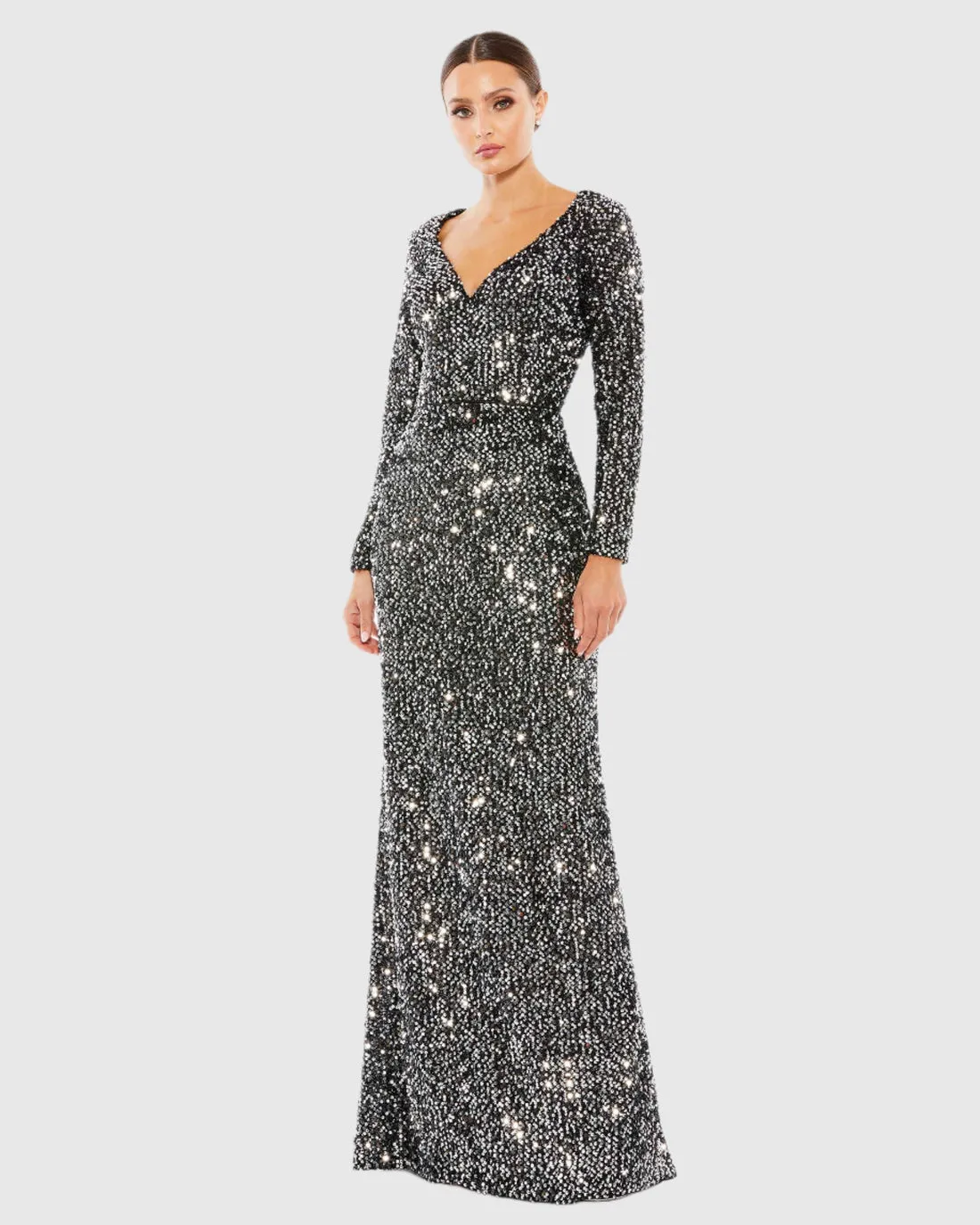 Long Sleeve Sequin Gown - Black