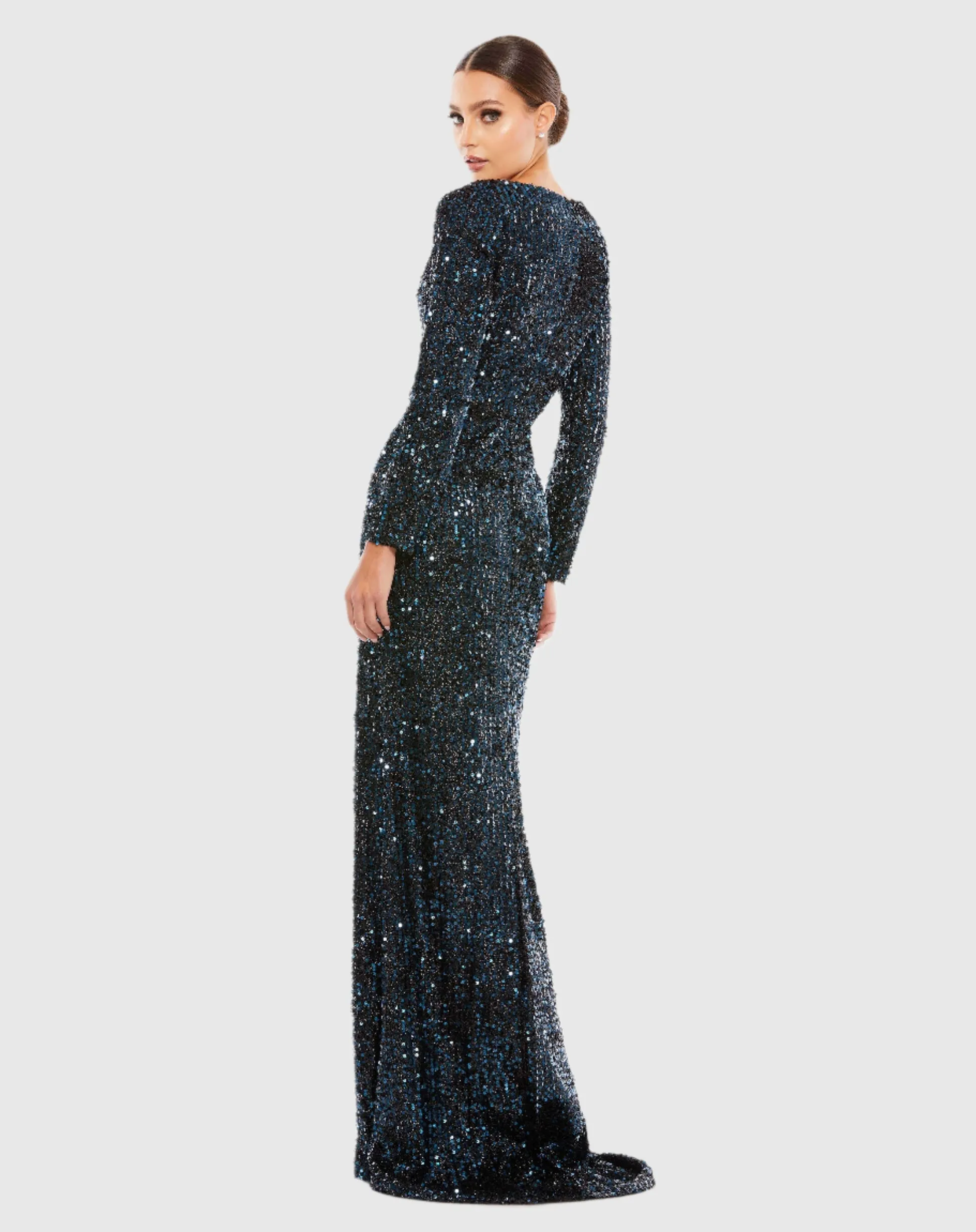 Long Sleeve Sequin Gown - Black