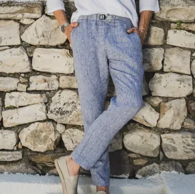 Mens Denim Patterned Navy Blue Tapered Linen Pants Relaxed Fit