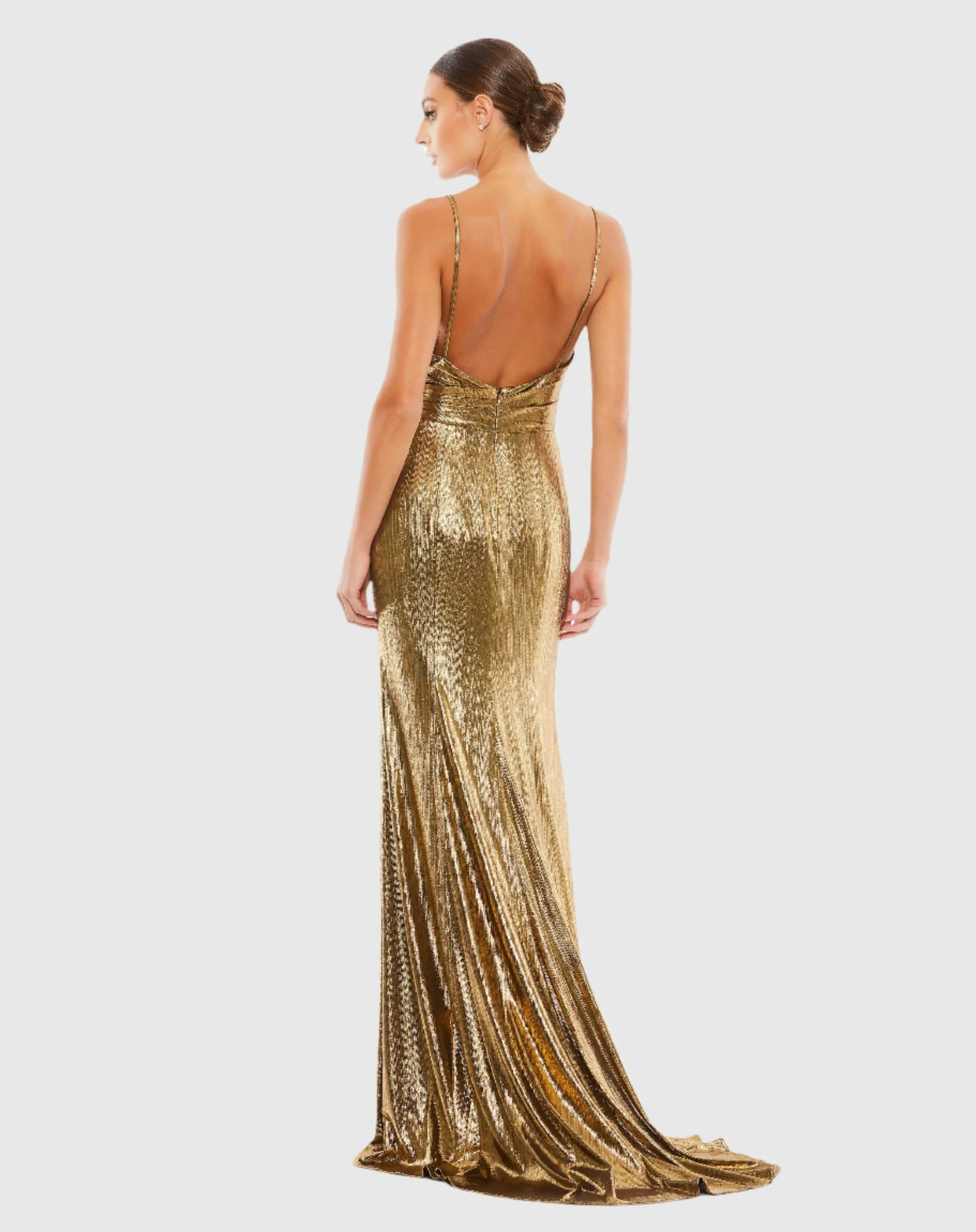 Metallic faux wrap spaghetti strap gown - Silver
