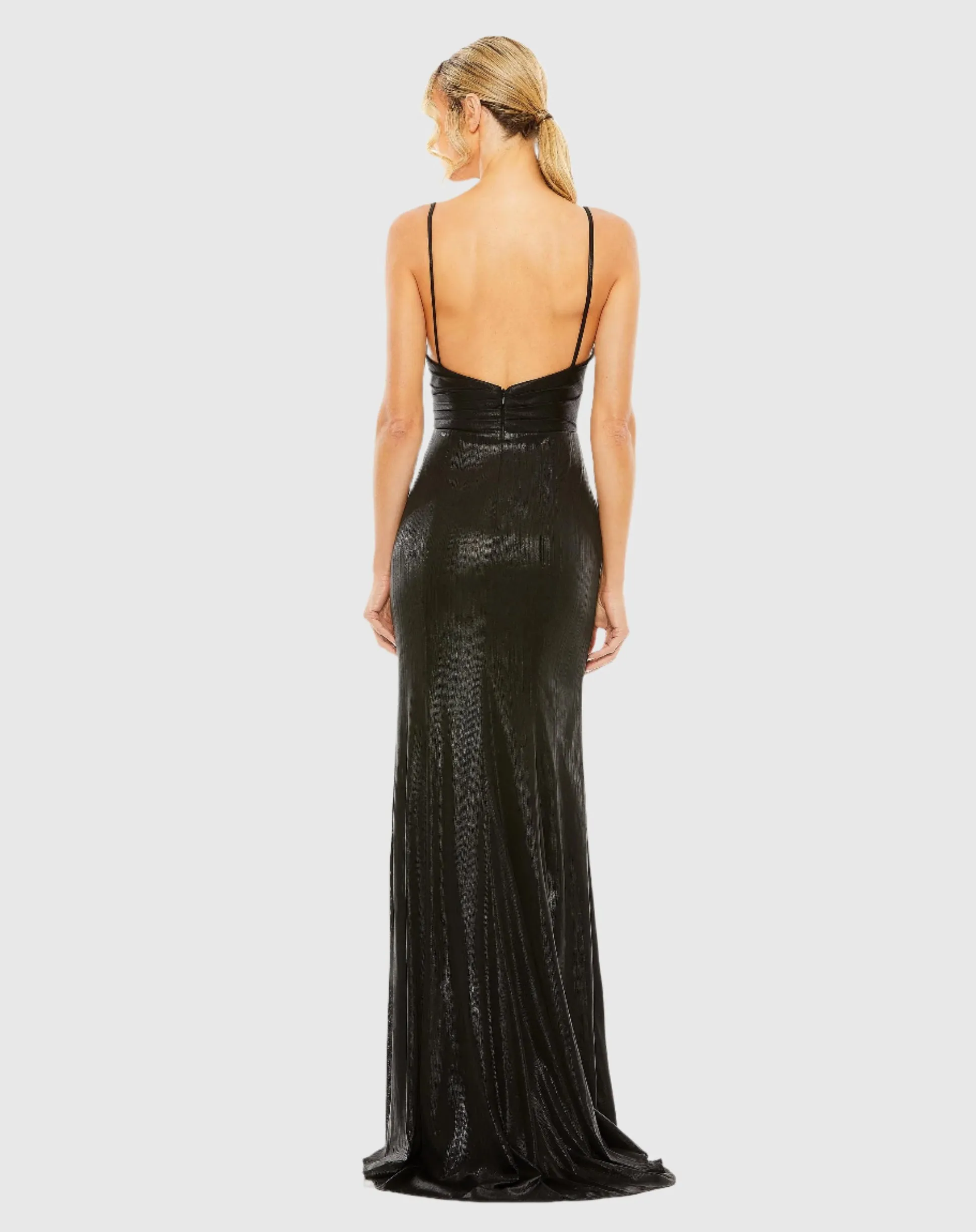 Metallic faux wrap spaghetti strap gown - Silver