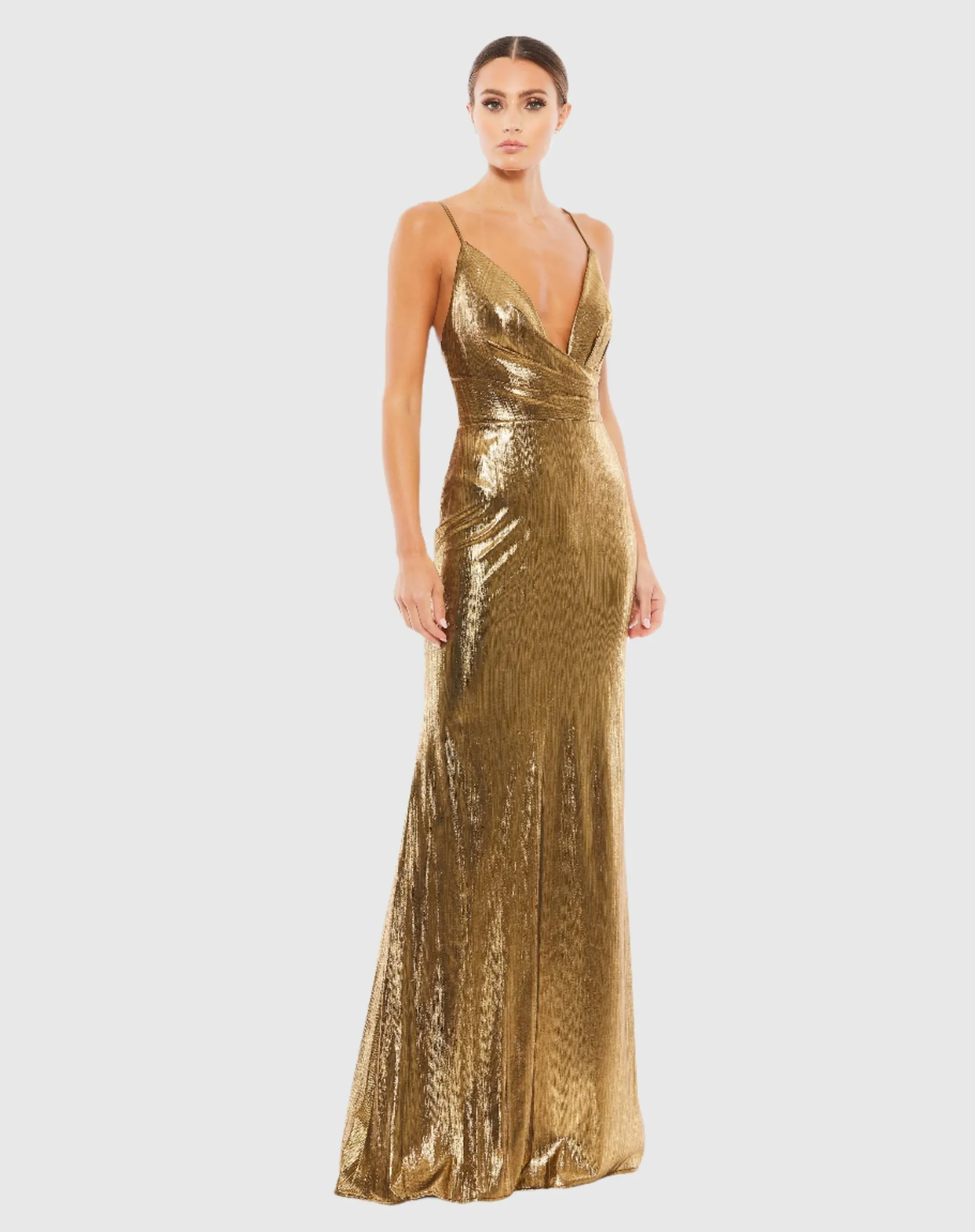 Metallic faux wrap spaghetti strap gown - Silver