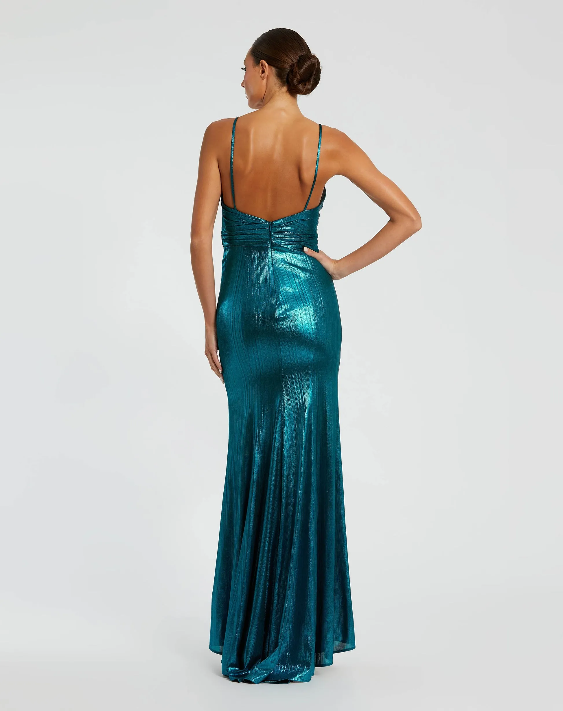 Metallic faux wrap spaghetti strap gown - Silver