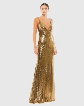 Metallic faux wrap spaghetti strap gown - Silver