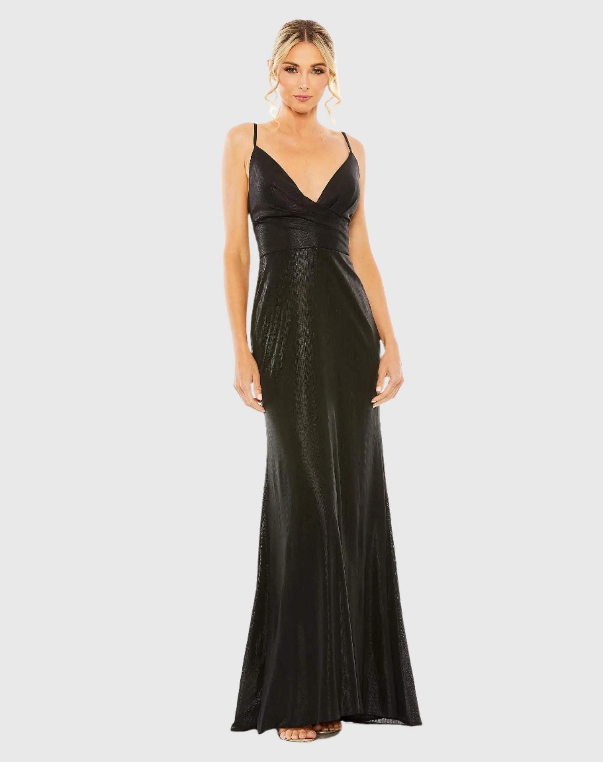 Metallic faux wrap spaghetti strap gown - Silver