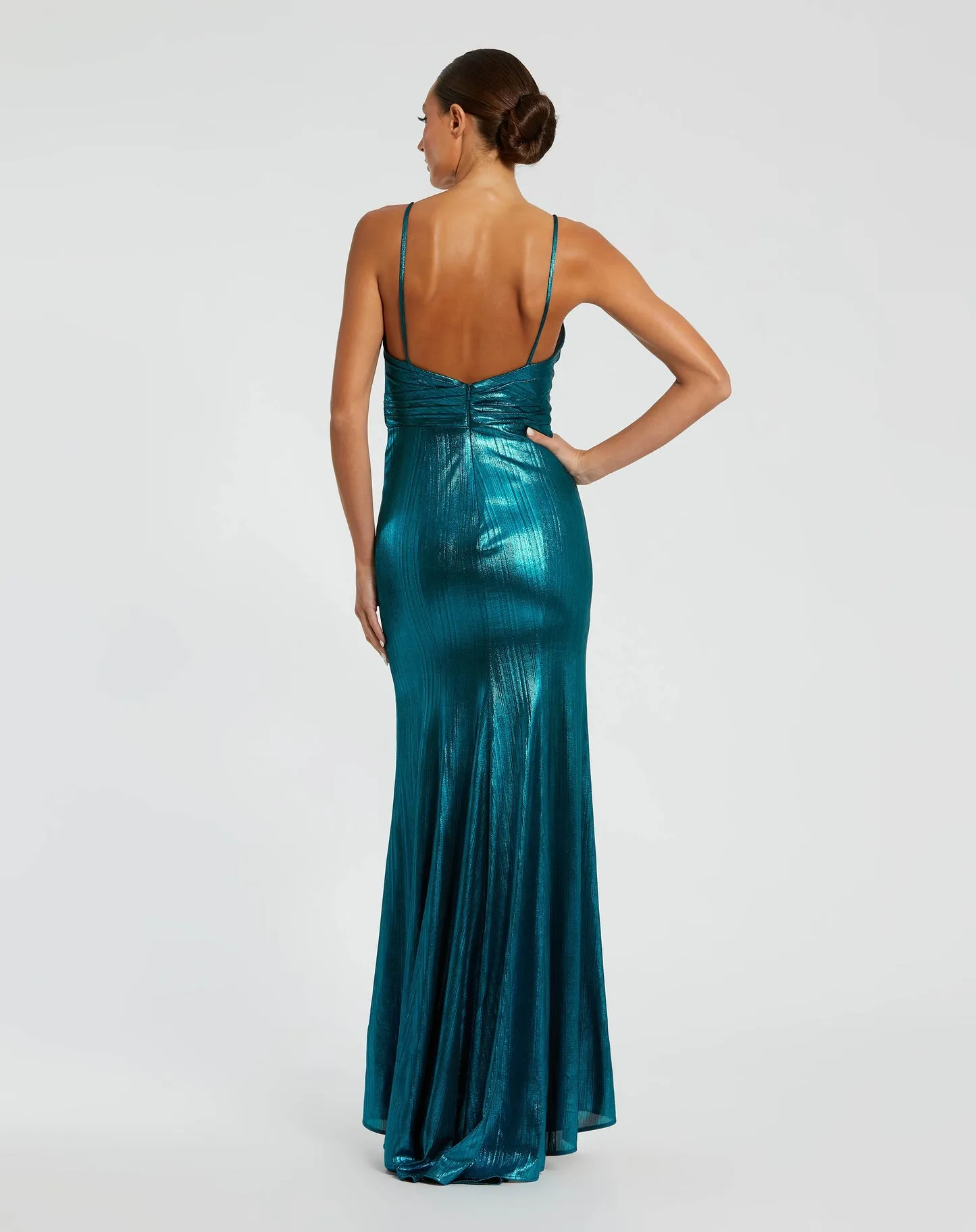 Metallic Faux Wrap Spaghetti Strap Gown - Teal