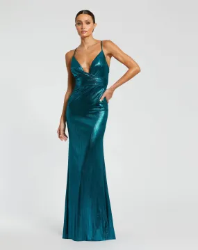 Metallic Faux Wrap Spaghetti Strap Gown - Teal