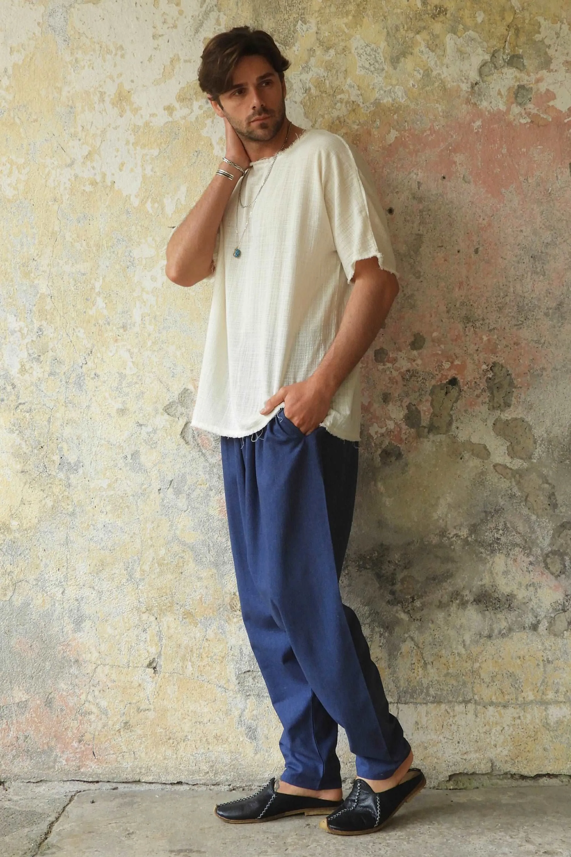 MOON Men's Linen Blend Harem Pants (Beige, Indigo Blue)