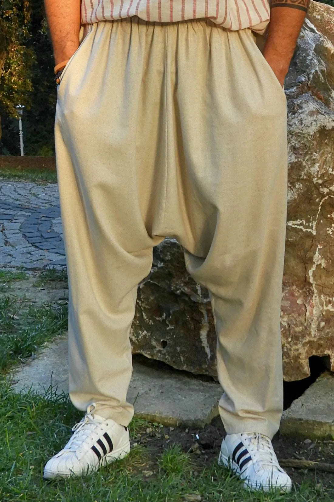 MOON Men's Linen Blend Harem Pants (Beige, Indigo Blue)
