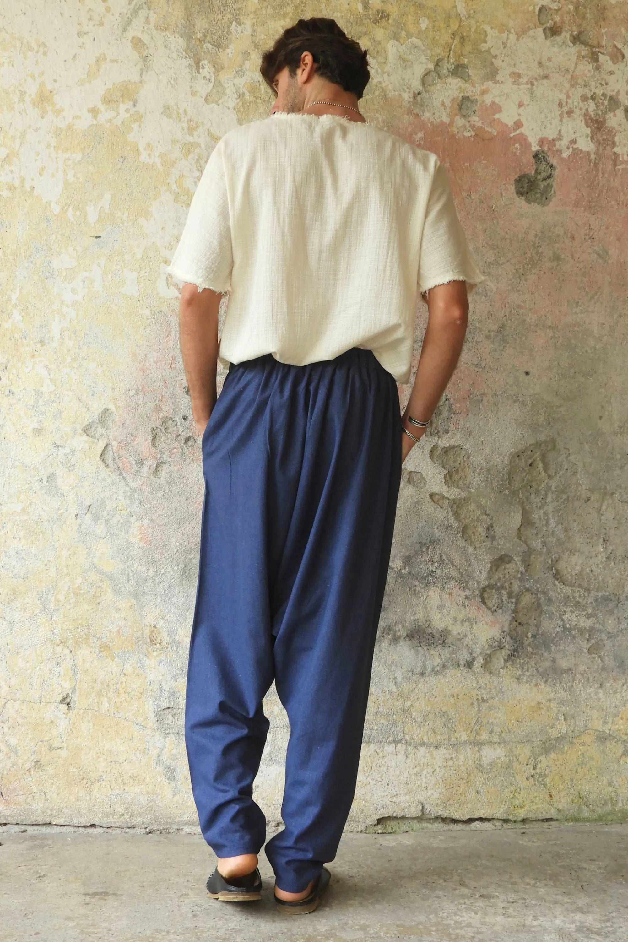 MOON Men's Linen Blend Harem Pants (Beige, Indigo Blue)