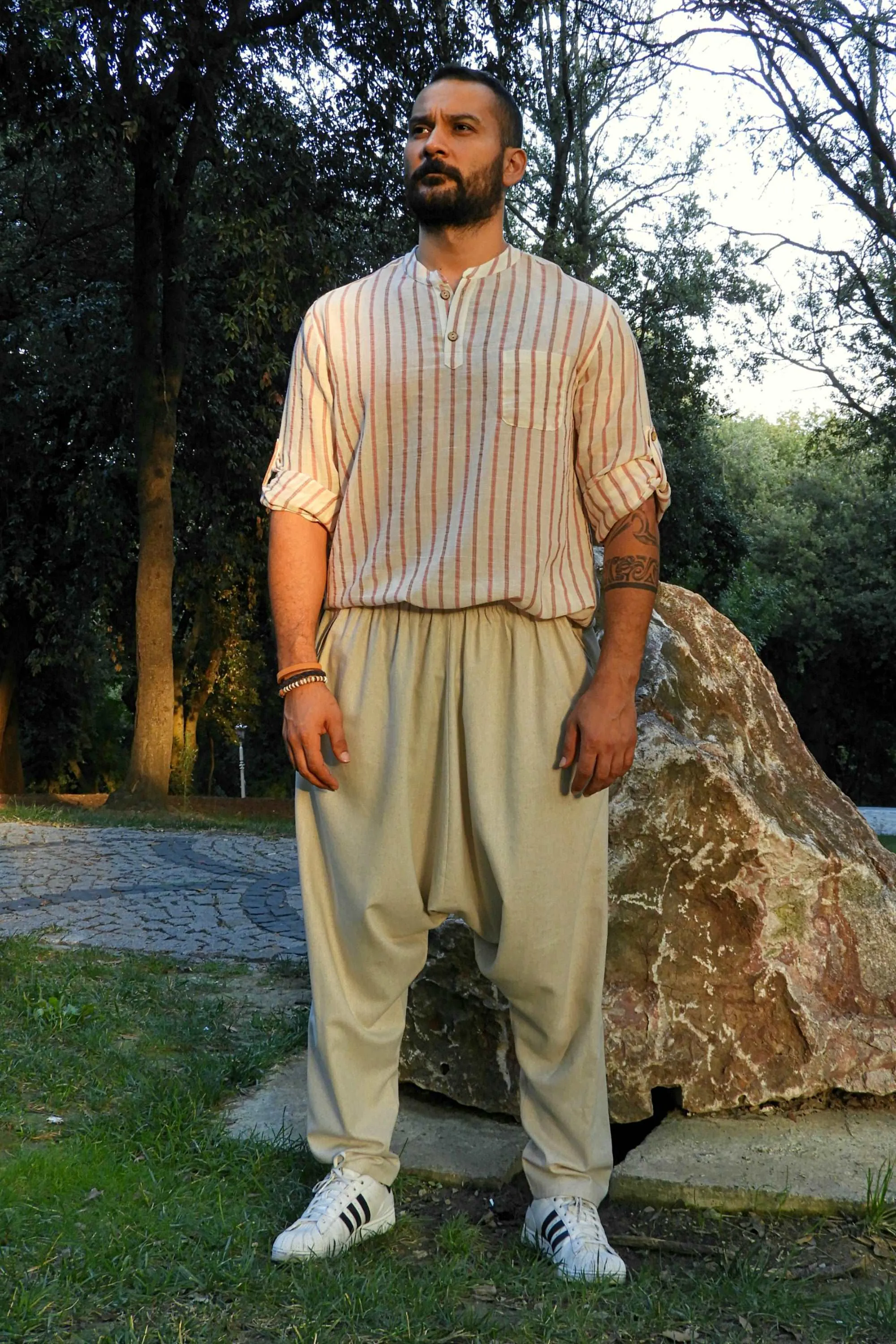 MOON Men's Linen Blend Harem Pants (Beige, Indigo Blue)