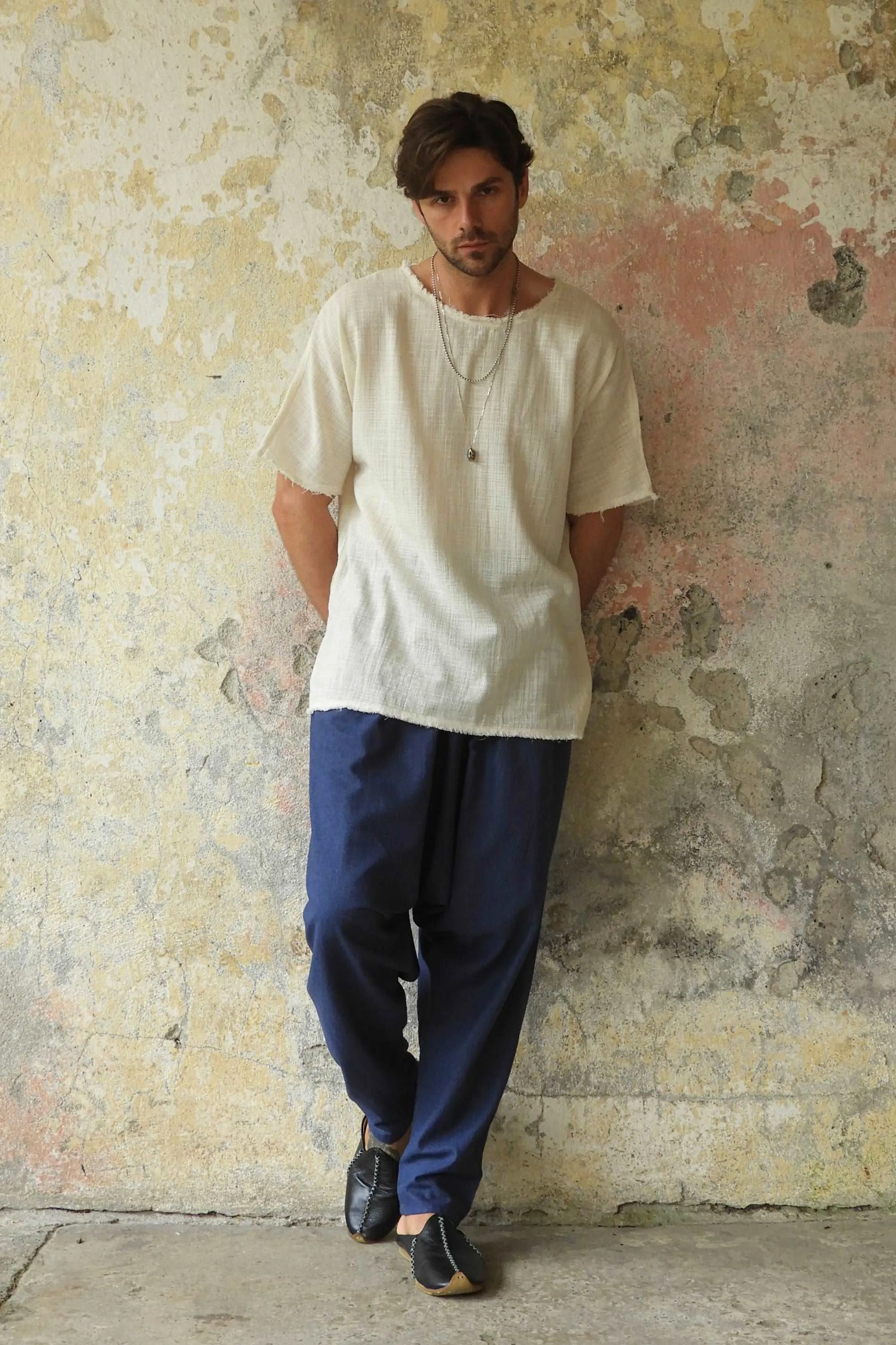 MOON Men's Linen Blend Harem Pants (Beige, Indigo Blue)