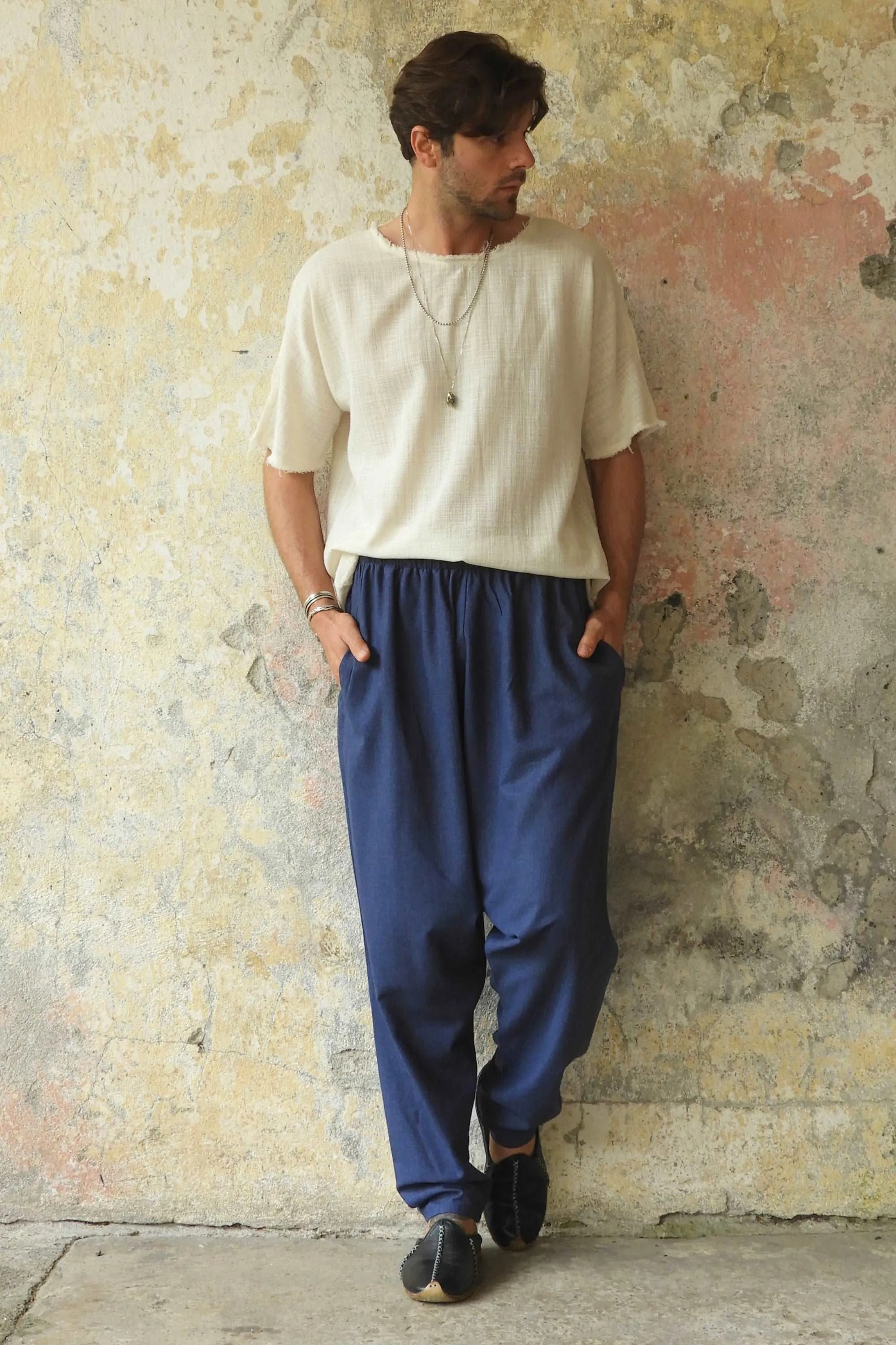 MOON Men's Linen Blend Harem Pants (Beige, Indigo Blue)