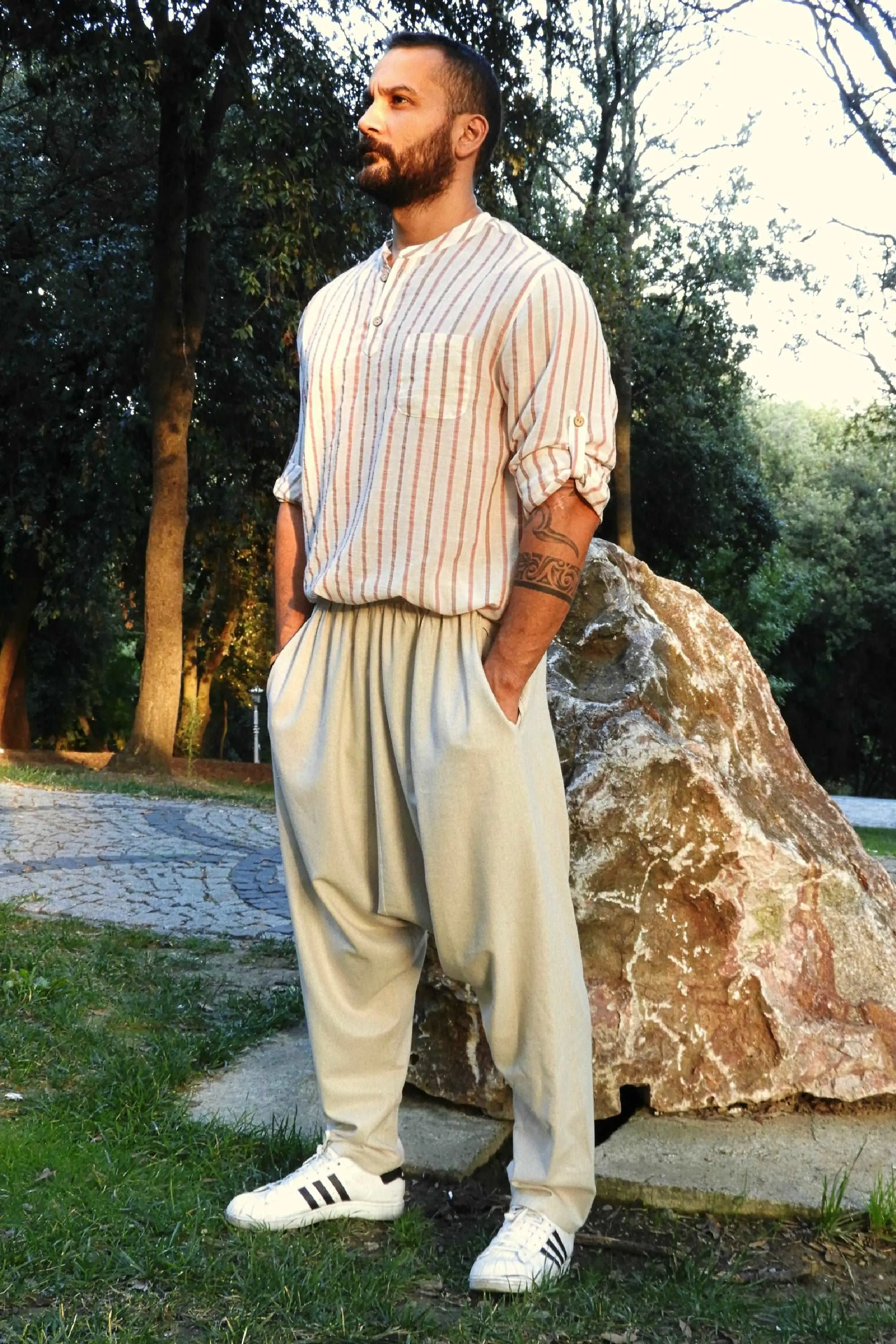 MOON Men's Linen Blend Harem Pants (Beige, Indigo Blue)