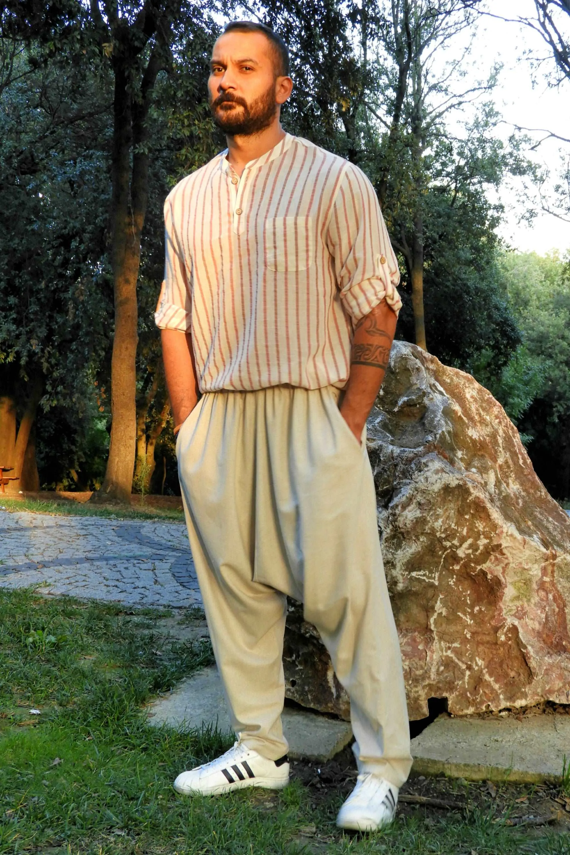 MOON Men's Linen Blend Harem Pants (Beige, Indigo Blue)