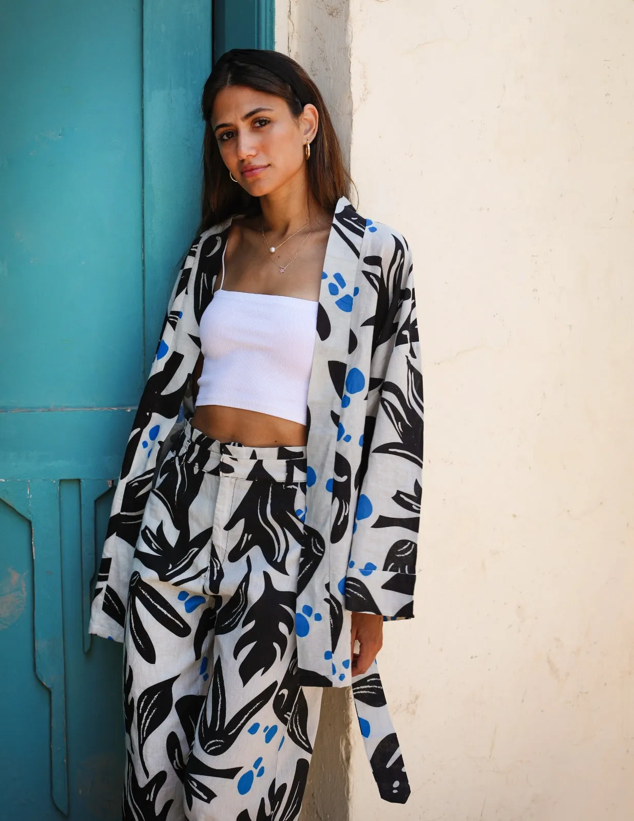 Not So Black And White Leaves Linen Kimono