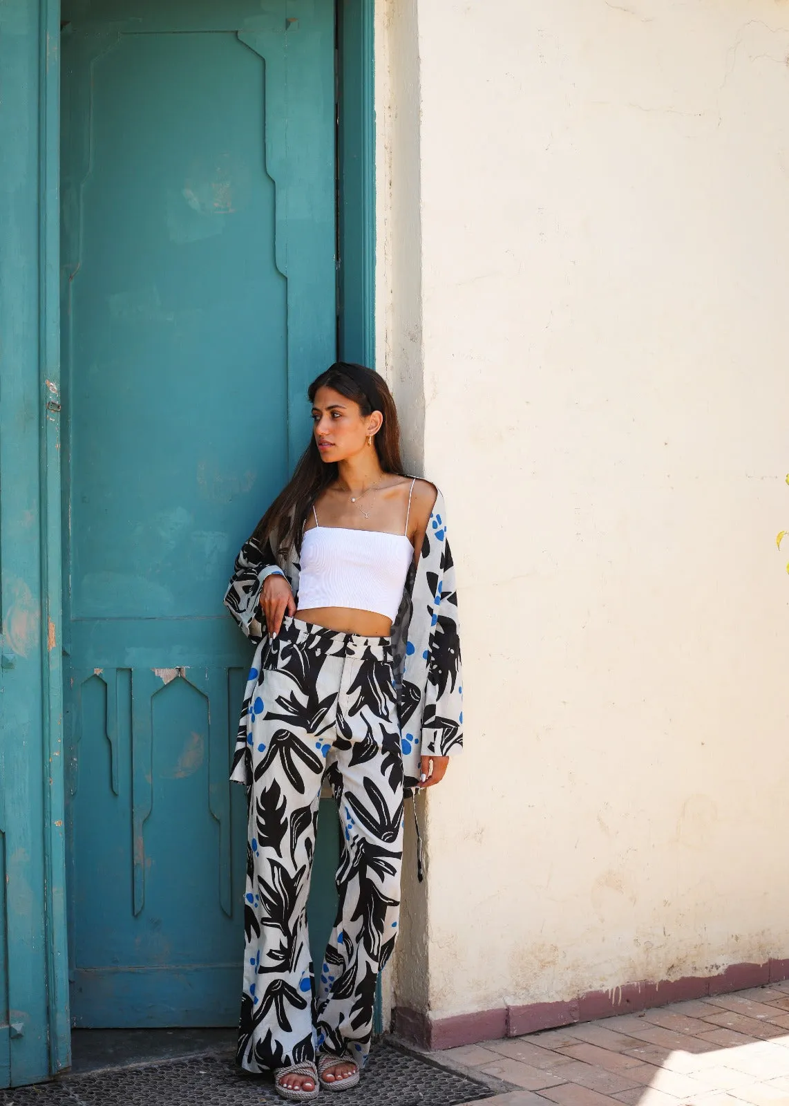 Not So Black And White Leaves Linen Kimono