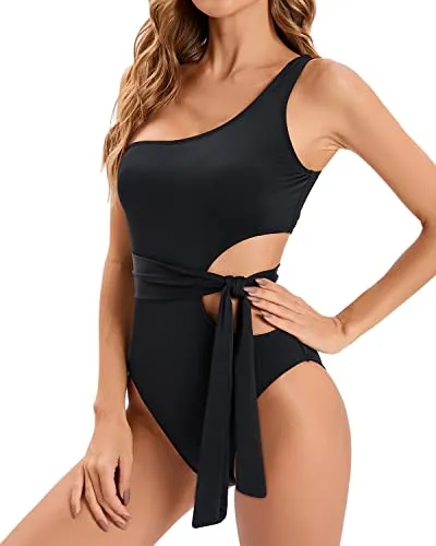 One Shoulder Cut Out Monokini Swimsuit For Women-Black
