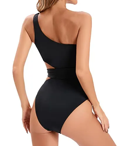 One Shoulder Cut Out Monokini Swimsuit For Women-Black