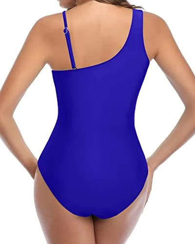 One Shoulder Full Coverage Mesh Tummy Control Swimsuits-Royal Blue