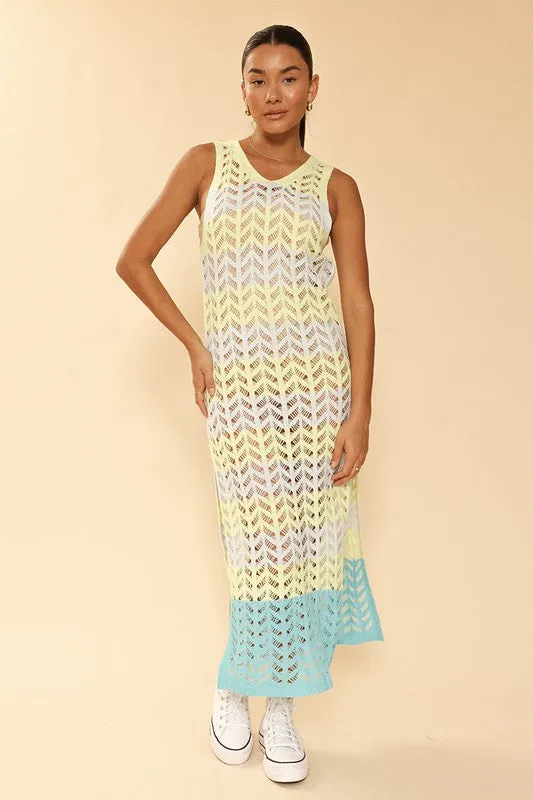OPEN KNIT COLOR BLOCK COVER UP