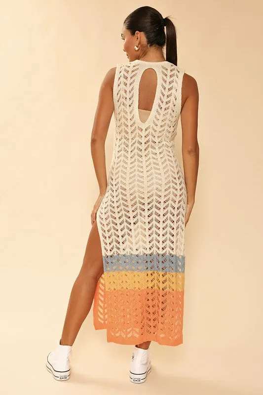 OPEN KNIT COLOR BLOCK COVER UP
