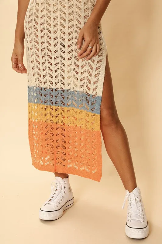 OPEN KNIT COLOR BLOCK COVER UP