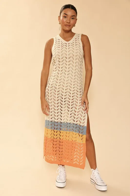 OPEN KNIT COLOR BLOCK COVER UP