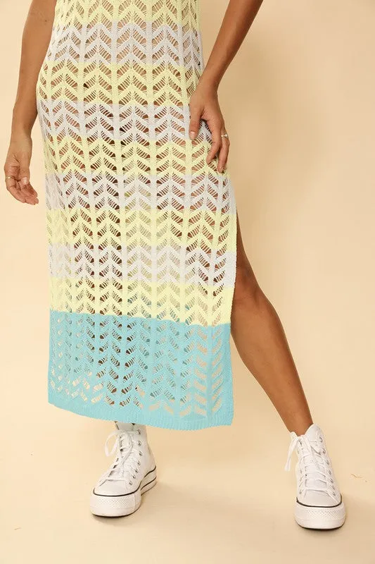 OPEN KNIT COLOR BLOCK COVER UP