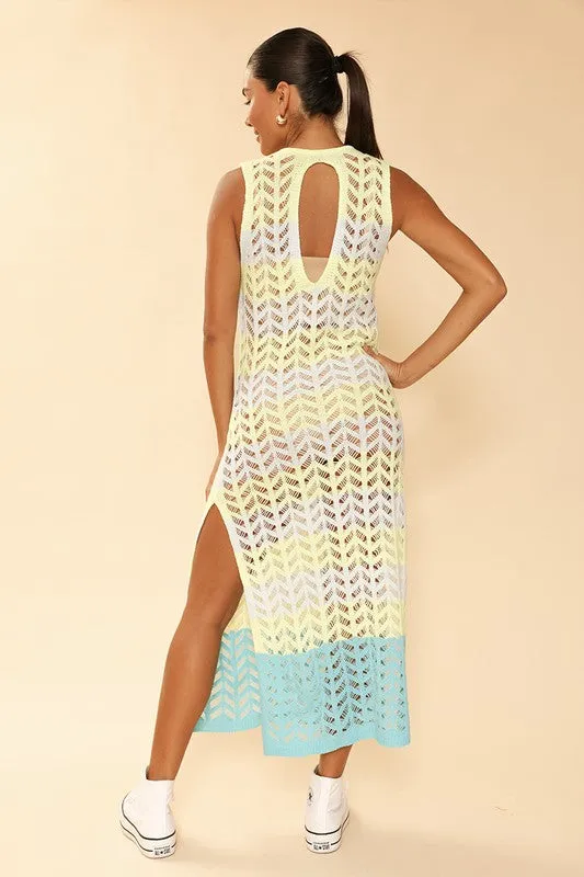 OPEN KNIT COLOR BLOCK COVER UP