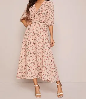 Plisse Ruffle Trim Wrap Belted Floral Print Dress