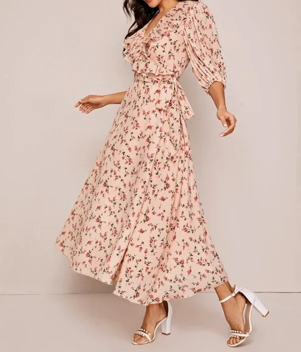 Plisse Ruffle Trim Wrap Belted Floral Print Dress