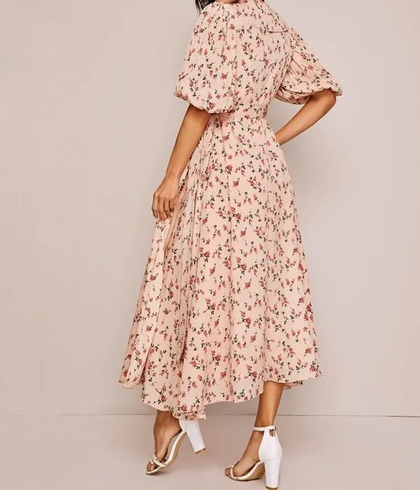 Plisse Ruffle Trim Wrap Belted Floral Print Dress