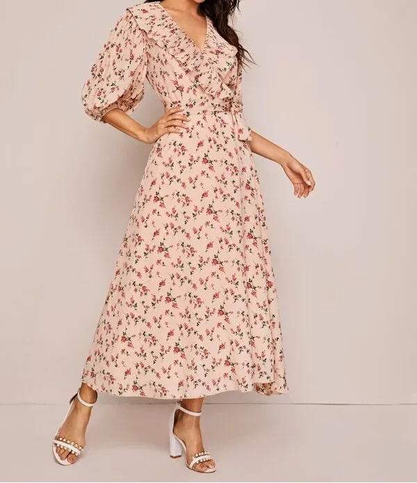 Plisse Ruffle Trim Wrap Belted Floral Print Dress