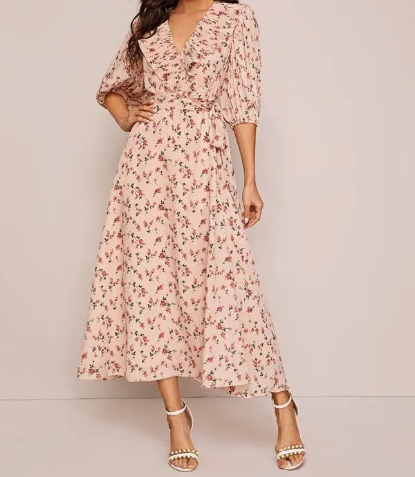 Plisse Ruffle Trim Wrap Belted Floral Print Dress