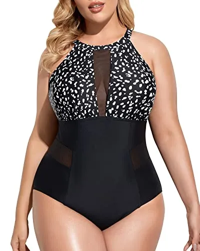 Plunge Mesh Cut-Out Plus Size Swimsuit For Women-Black Dot