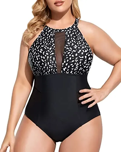 Plunge Mesh Cut-Out Plus Size Swimsuit For Women-Black Dot
