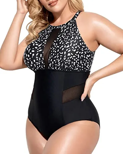 Plunge Mesh Cut-Out Plus Size Swimsuit For Women-Black Dot