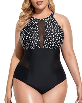 Plunge Mesh Cut-Out Plus Size Swimsuit For Women-Black Dot